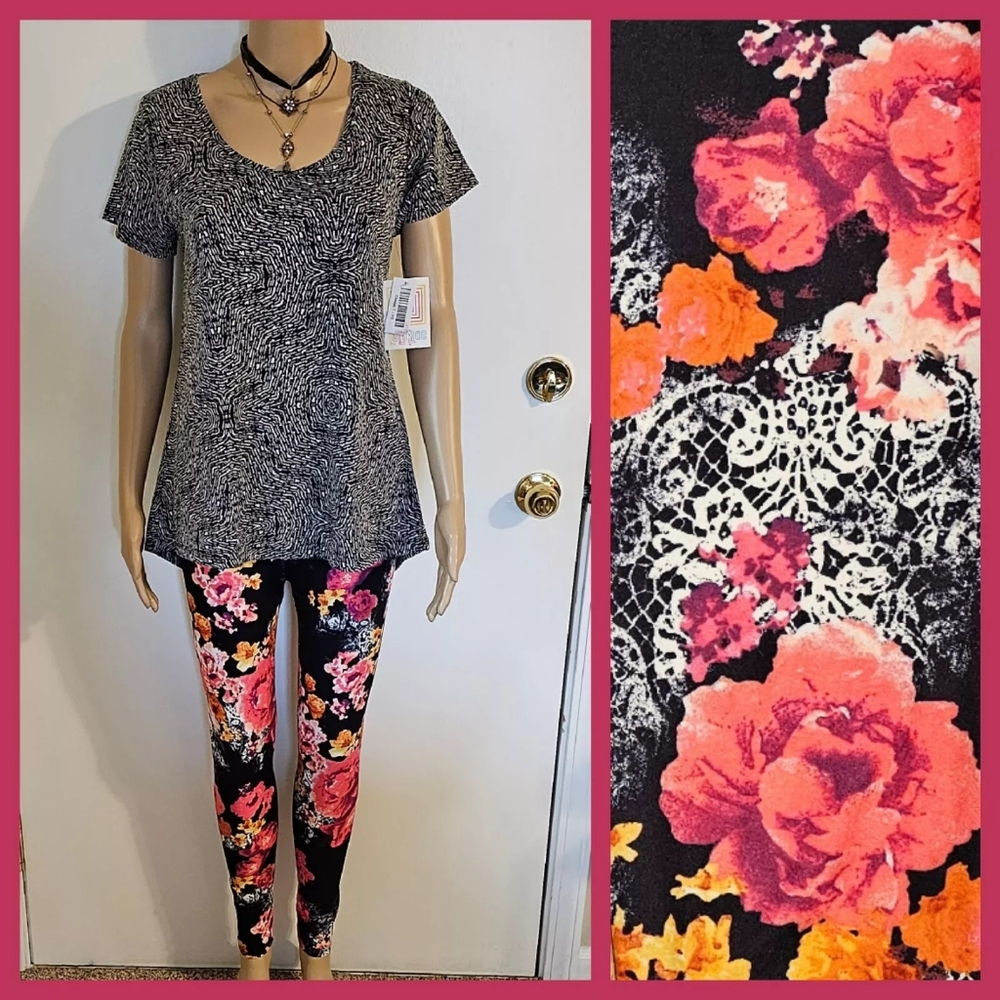 NWT 2-Pc SET LuLaRoe XS Swirl Classic T Top & CP Lacy Floral Tween-OS 4 Leggings